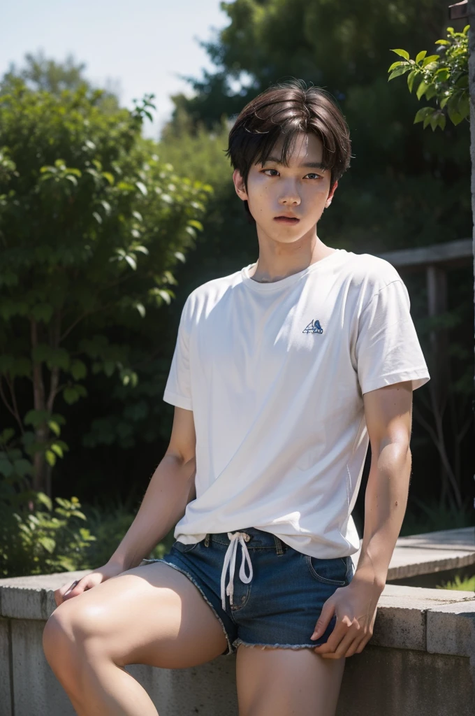 Asian muscular boy sitting on grass, sexy, Dark eyebrows, white shirt, wearing white thong high cut underwaer, white high cut Jockstrap, muscular young male, mid shot portrait, high quality portrait, Attractive pose, cute young man, gorgeous young model, portrait a 25 - year - old boy, casual photography, Realistic. Cheng Yi, cute young man, ((wearing micro string thong))