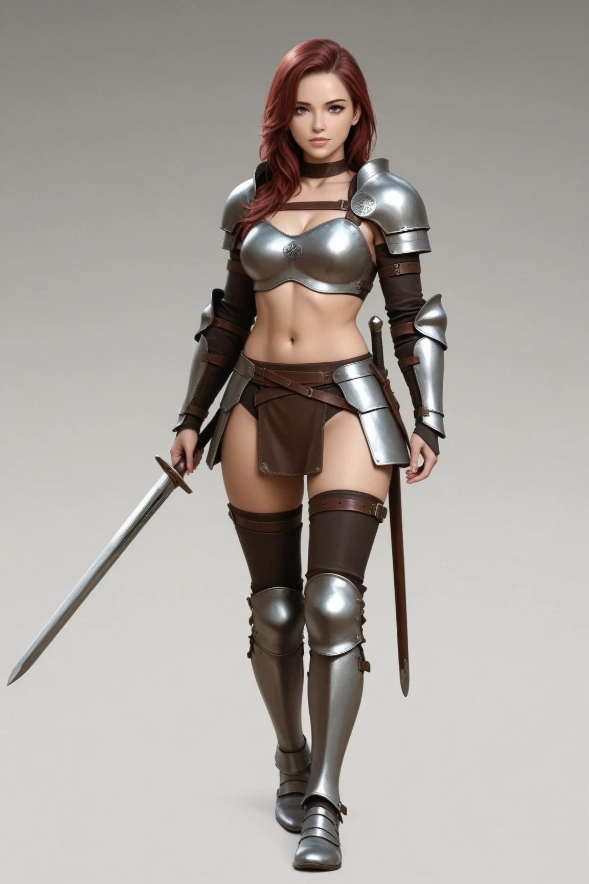 1girl full body, barefoot, standing straight, looking to the viewer, red bikini armor, big breast chestplate silver armor, long hair, white skin, thighs, crossing legs, 1solo milf woman,chestplate cover with both hands, Lisa Ann, bedroom background