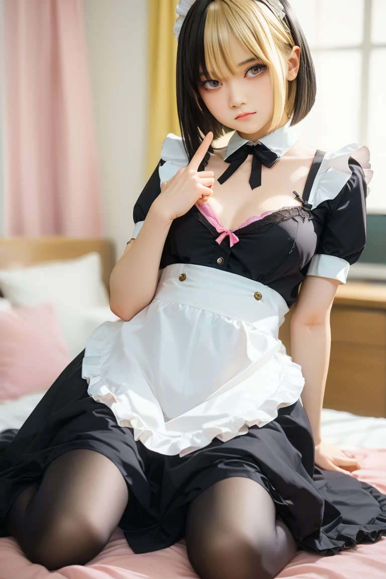 (a closeup:1.4)、(RAW shooting:1.2)、(Photorealsitic:1.4)、(​masterpiece:1.3)、(top-quality:1.4)、one girls、(Slender and beautiful girl)、(kawaii:1.2)、(middlebreast:1.2)、(cleavage of the breast)、(erectile nipple:1.2)、(FULL BODYSHOT)、in 8K、(masutepiece:1.2)、(bow ribbon、flered skirt、knee high socks:1.3)、Look at viewers、blush、ribbon bondage、(beautifull hands)、(beautiful thigh)、(Short Bob:1.2)、(maid clothes:1.3)、Cute、old castle、