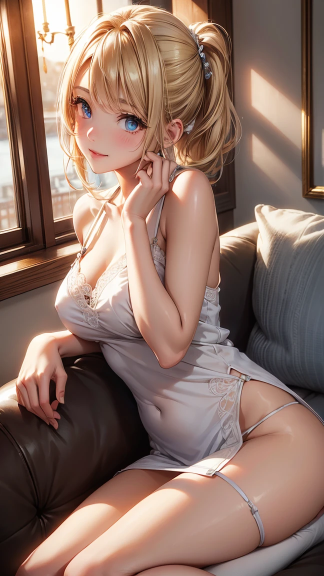 Full body of a Girl with blond hair in negligee, strap slip, sitting on a couch after waking up, perfect face, perfect body, detailed eye, (masterpiece)