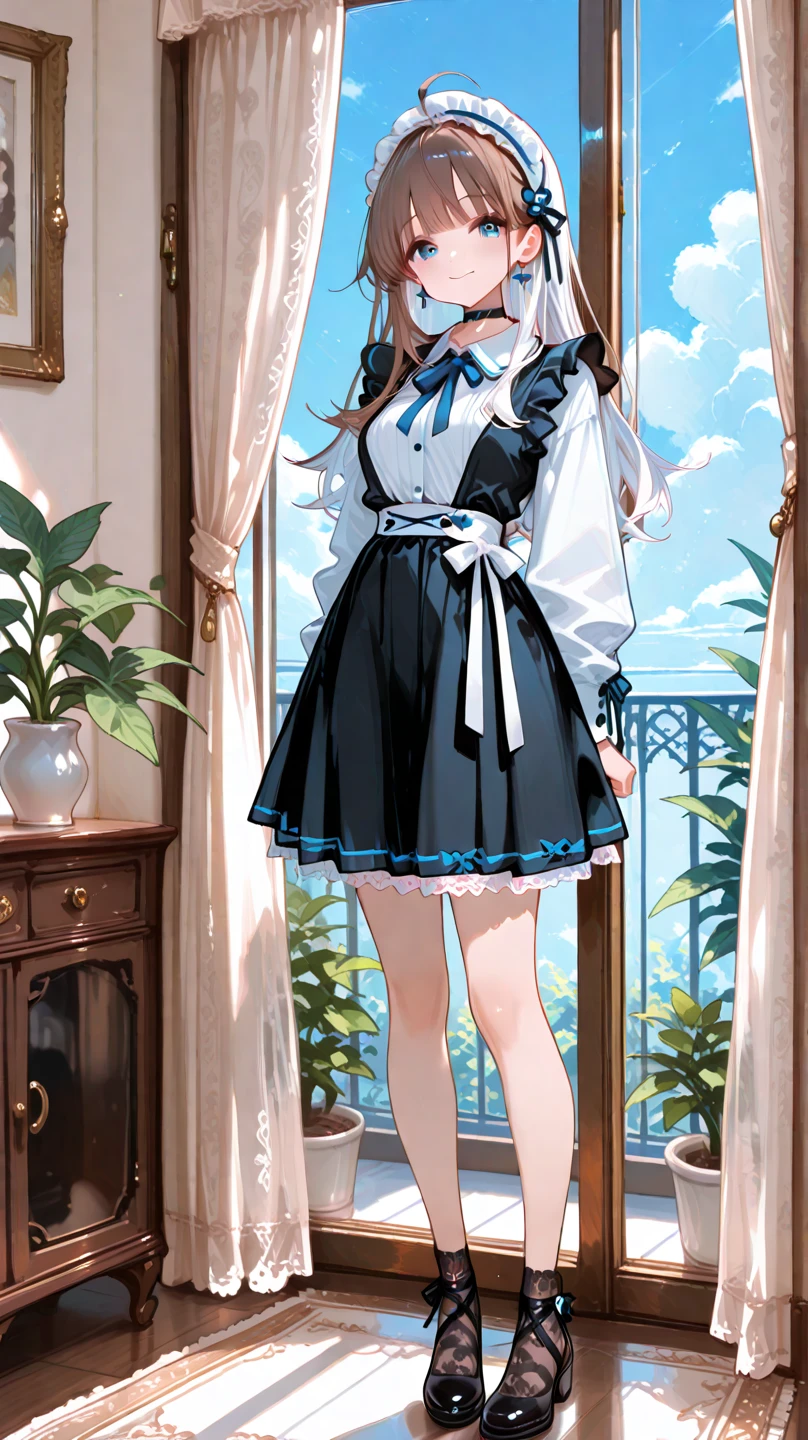 ((masterpiece)), ((best quality)), ((ultra detailed)), ((kawaii)), cute, (lovely), ((extremely detailed)), ((8K)), (beautiful), full body, luxury room, a cute girl, 1girl, solo, blue mini camisole dress,beautiful light brown hair, ((detailed beautiful brown eyes)), white-skinned, long hair, flat breast, tiny breast, garter belt,standing,(nfsw:1.4)