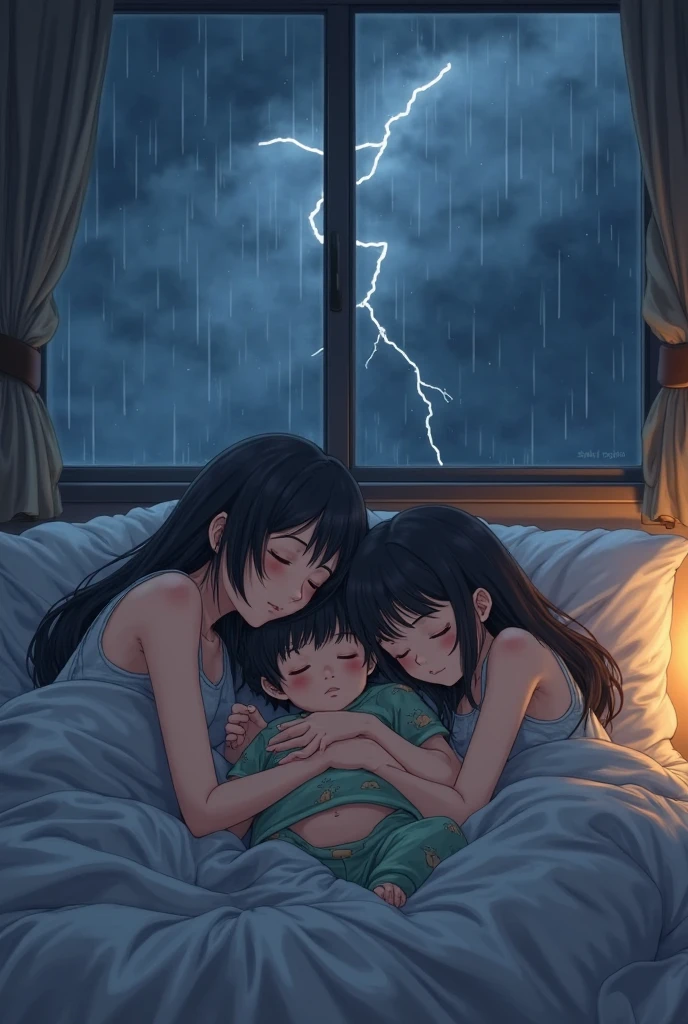 Girls frightened by the sound and light of thunder in a blackout room
