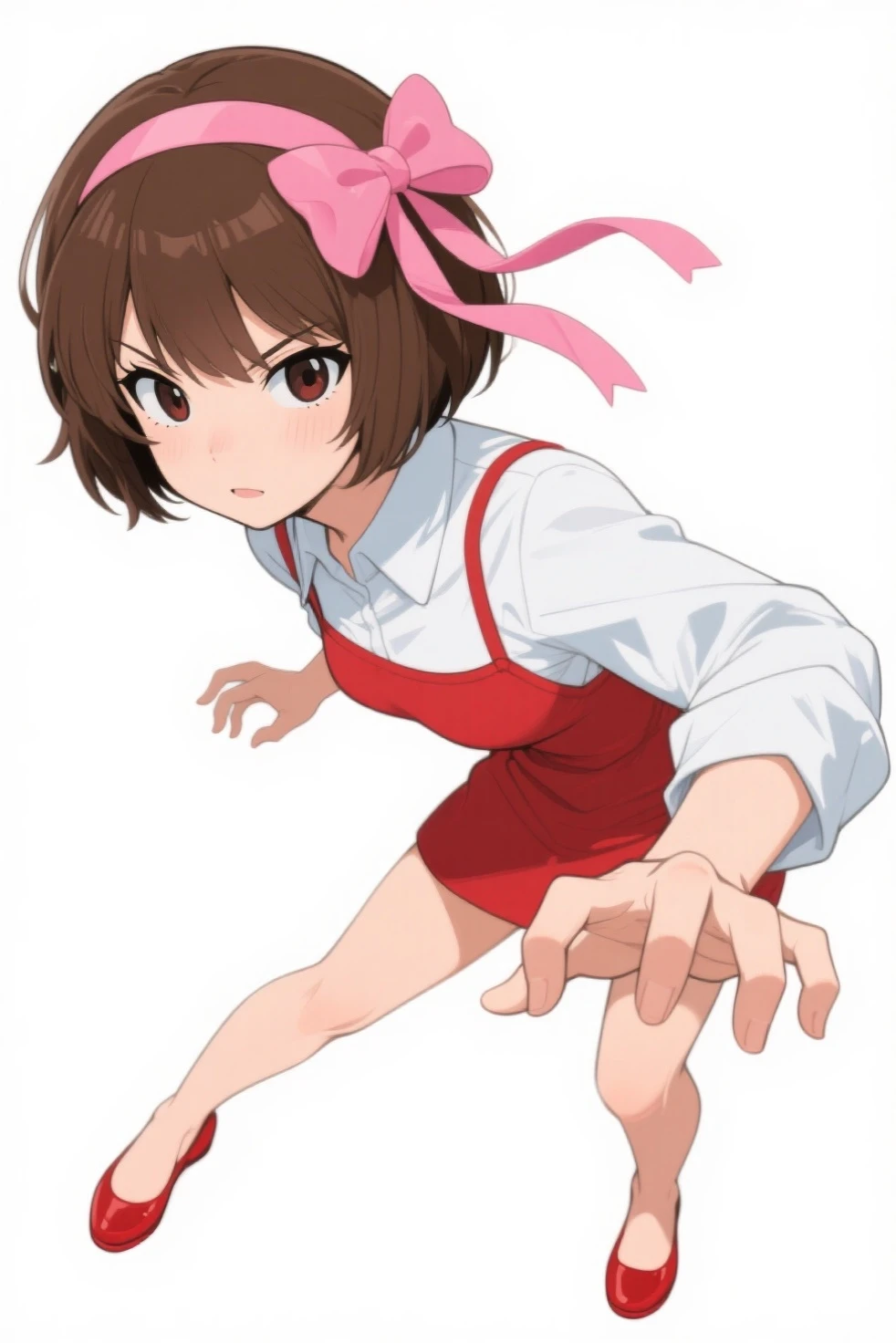 日本の漫画スタイル、brown hair, bob cut, pink ribbon on head, sharp eyes - SeaArt AI