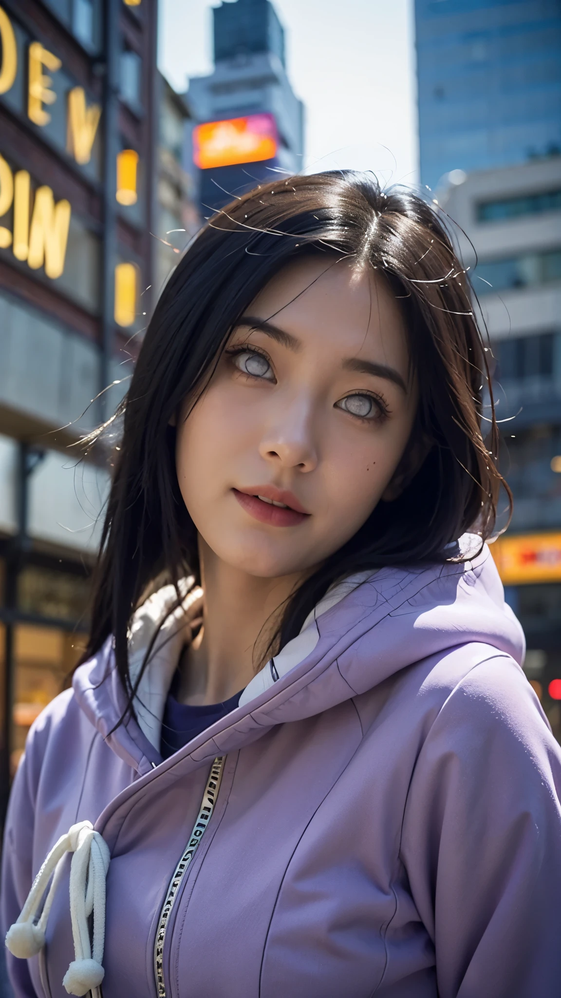 Close-up portrait of a beautiful real-life woman resembling Hyuga Hinata from Naruto Shippuden, with long dark indigo hair styled exactly like in the anime, pale lavender eyes without pupils, and a gentle, shy smile. She is wearing her detailed anime outfit — a lavender and cream hoodie jacket with navy blue pants, featuring realistic textures and stitching. Her hair flows naturally with realistic lighting and shading. Background is a modern, urban cityscape with soft depth of field, featuring tall buildings, neon signs, and subtle reflections. Ultra realistic, super detailed, cinematic lighting, 8K resolution, perfect facial details, anime to real-life transformation, natural skin texture.