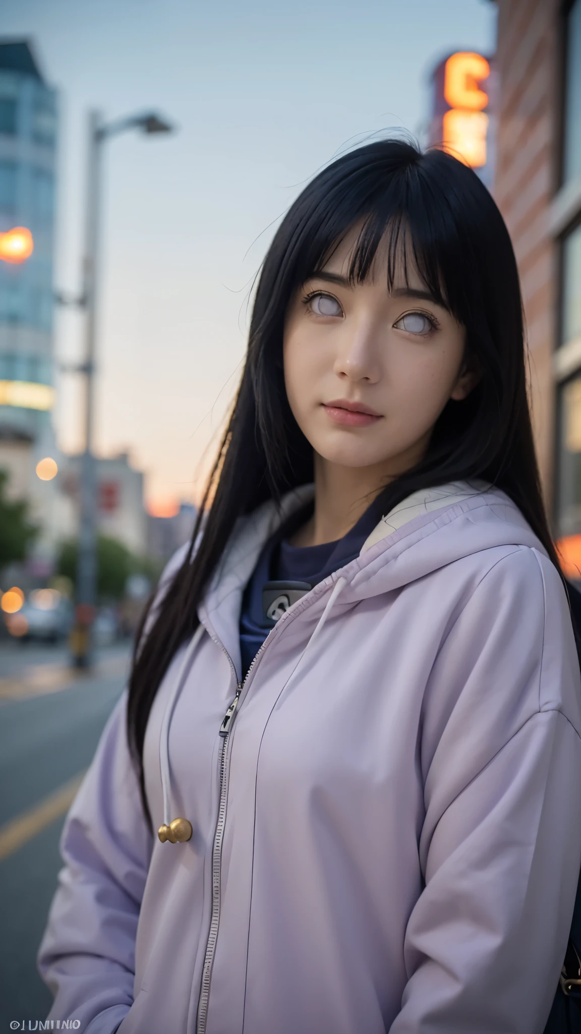 Close-up portrait of a beautiful real-life woman resembling Hyuga Hinata from Naruto Shippuden, with long dark indigo hair styled exactly like in the anime, pale lavender eyes without pupils, and a gentle, shy smile. She is wearing her detailed anime outfit — a lavender and cream hoodie jacket with navy blue pants, featuring realistic textures and stitching. Her hair flows naturally with realistic lighting and shading. Background is a modern, urban cityscape with soft depth of field, featuring tall buildings, neon signs, and subtle reflections. Ultra realistic, super detailed, cinematic lighting, 8K resolution, perfect facial details, anime to real-life transformation, natural skin texture.