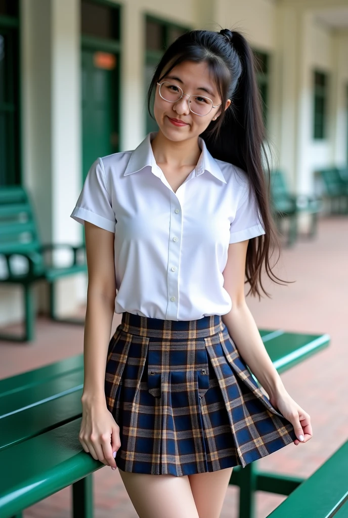 best quality,1girl,((big breasts:1.3)),((((loli,10 years old,,little girl:1.3)))),smile,black hair,long hair,((school uniform,white shirt,plaid skirt,blue skirt,mini skirt,lift skirt,upskirt,white panties,black thighhighs:1.1)),((walking1.3)),classroom