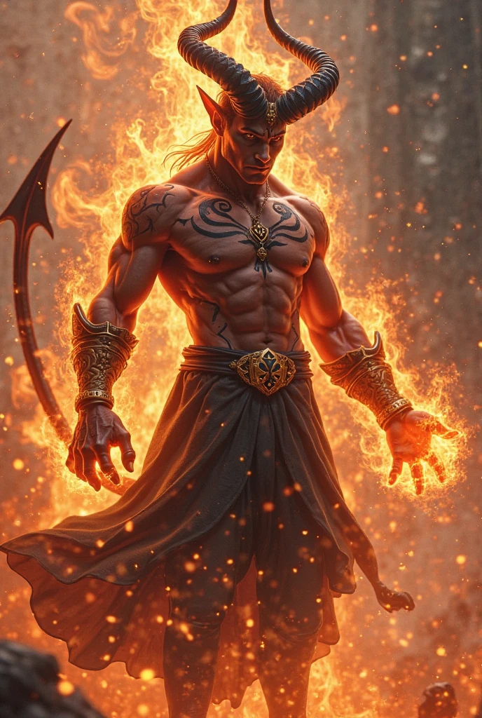 Genasi race man is 1,83 and quite muscular, fights with two swords, and has an extreme affinity for fire, managing to imbue their weapons with the element. because of your race, has reddish bronze skin; power lines and flaming orange eyes; crackling flames exude from the energy lines on the dragon-like head and fire around it 