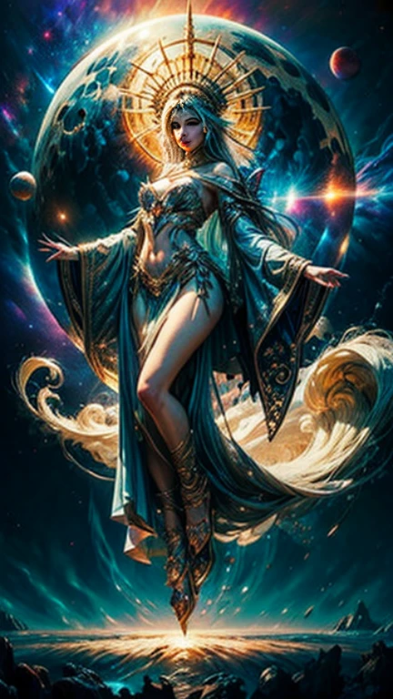 a woman in a dress with a halo on her head and a sword, lunar goddess, moon goddess, goddess of the moon, celestial goddess, goddess of space and time, goddess of galaxies, beautiful celestial mage, also known as artemis the selene, cosmic goddess, portrait of a norse moon goddess, earth goddess mythology, goddess. extremely high detail