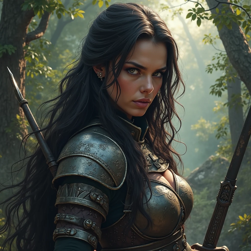 uma mulher em um vestido marrom segurando uma espada em uma floresta, Graphic artist Magali Villeneuve, inspirado em Magali Villeneuve, Magali Villeneuve», she is holding a sword, Directed by: Magali Villeneuve, segurando uma espada em seu ombro, Lara Croft Medieval, Tyler Edlin Arte de fantasia, linda guerreira, epic fantasy character art, uma bela mulher guerreira