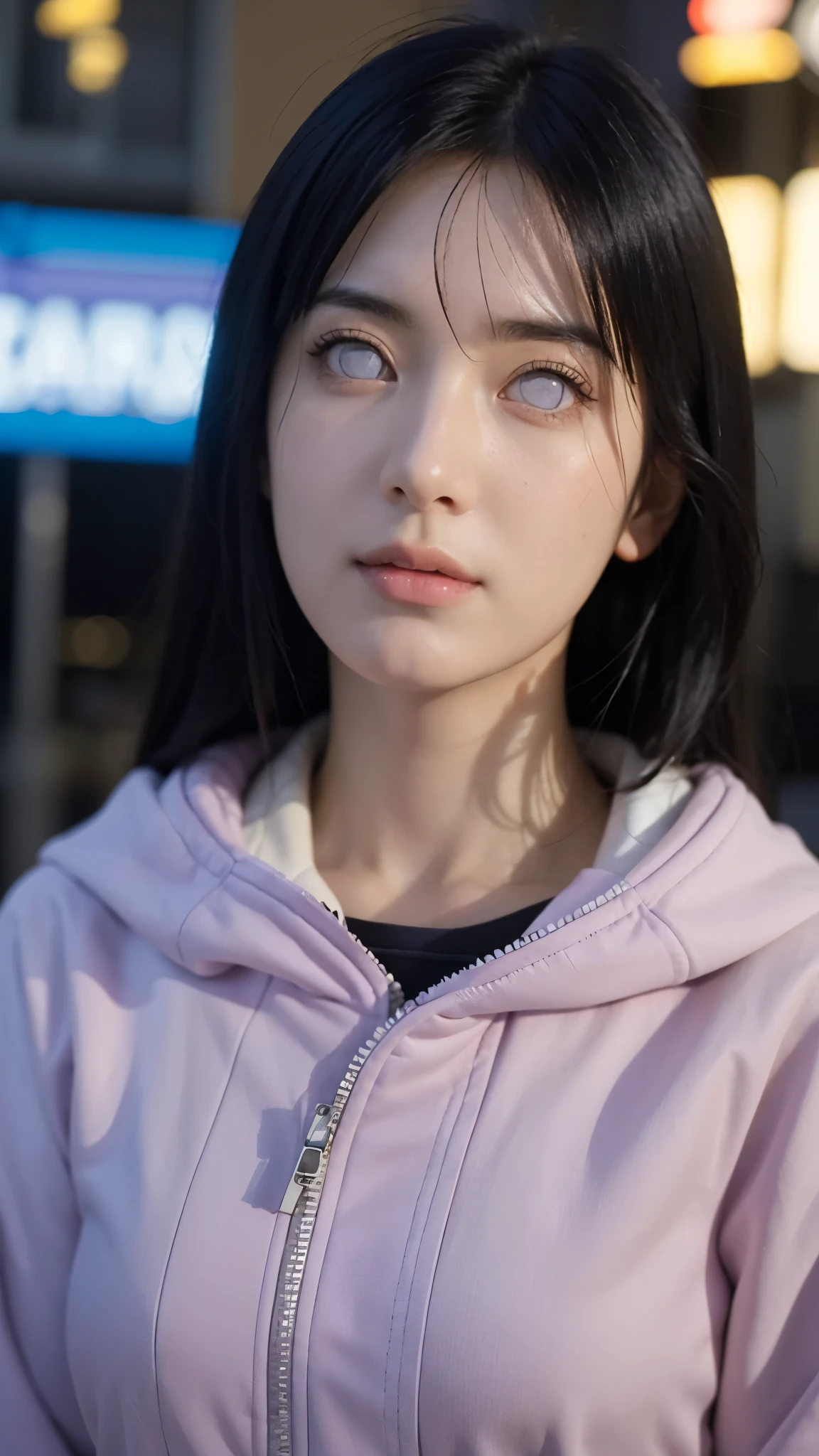 Close-up portrait of a beautiful real-life woman resembling Hyuga Hinata from Naruto Shippuden, with long dark indigo hair styled exactly like in the anime, pale lavender eyes without pupils, and a gentle, shy smile. She is wearing her detailed anime outfit — a lavender and cream hoodie jacket with navy blue pants, featuring realistic textures and stitching. Her hair flows naturally with realistic lighting and shading. Background is a modern, urban cityscape with soft depth of field, featuring tall buildings, neon signs, and subtle reflections. Ultra realistic, super detailed, cinematic lighting, 8K resolution, perfect facial details, anime to real-life transformation, natural skin texture.
