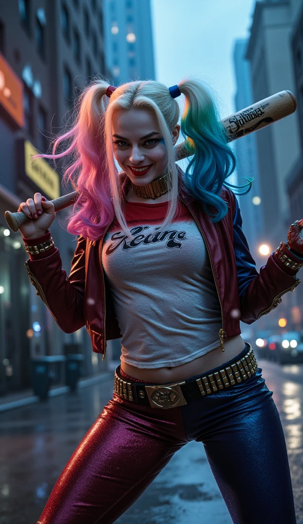 Harley Quinn, smiling, large breasts