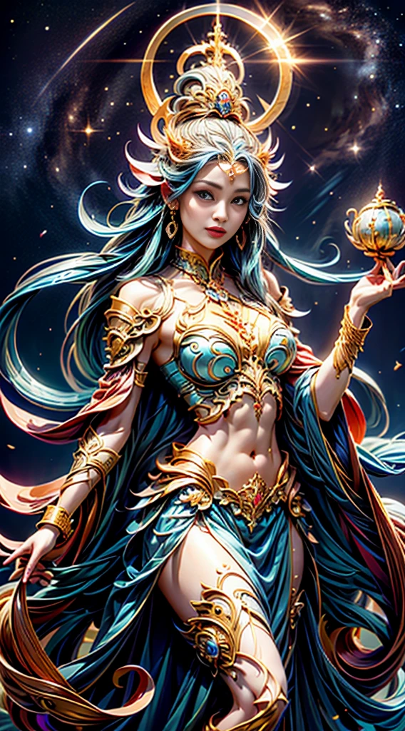 1 woman. Beautiful young woman. 25 years old. Beautiful Indonesian tribe queen. White skin. Powerful shaman. Indonesian Hogwarts. Shaman professor. shaman tribe hat. Black hair. Blue sexy transparent shaman suit no pants. No bra. No underwear. Blue shaman cloak. Flat chest. Holding the blue orbz. Blue Sapphire large necklace. Blue shaman room. Beautiful face. Standing pose. Shaman statue. Blue temple. Shamanic logo on the wall. Smile.