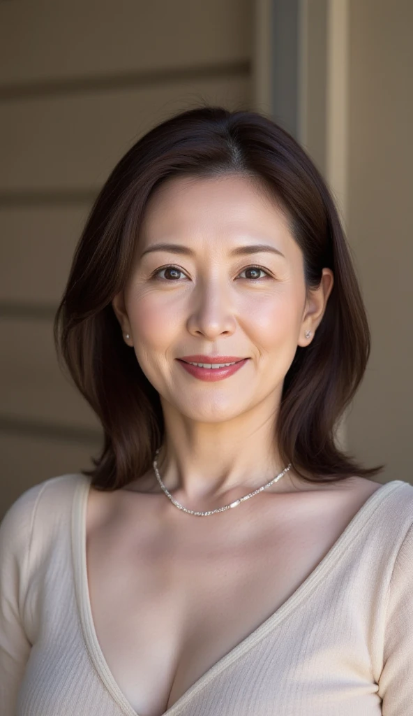 最high quality, In 8K, Masseter muscle area, Lifelike, Sharp focus, high quality, High resolution, Detailed face, Detailed eyes, Thick lips, (Look at the viewers), solo, Middle-aged women, Beautiful woman, 55 years old, plum, Beautifully styled hair, Cleavage, Brightly colored patterned dress, Afternoon in front of the park garden