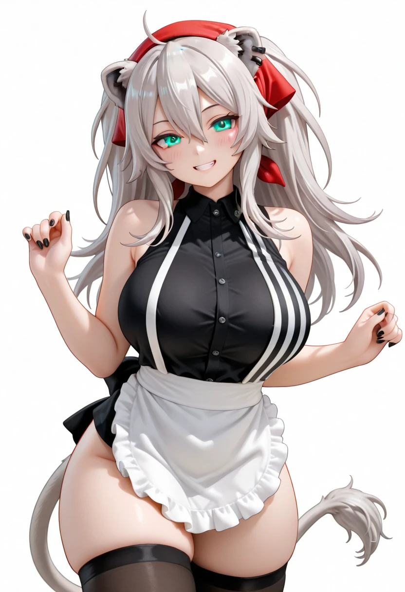 (((masterpiece))), Highest quality, Very detailed, blush, Cute and playful, Huge, leather jacket, Silver Hair, Fluffy Hairstyles, Elastic breasts, Heartwarming Eyes, Sweet expression, belly button, Dynamic and cute pose.Cooking crocodile dishes Wolf Ears