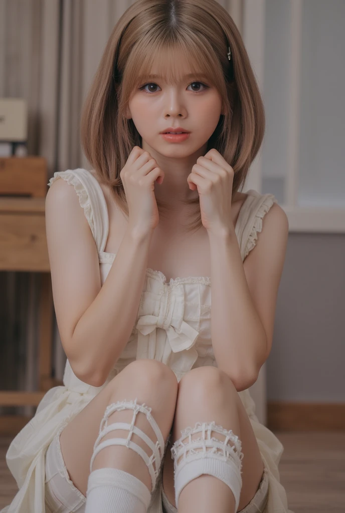 NSFW,(In 8K、highest quality、masterpiece、realistic、Super become familiar with、Photoreal), ((1 girls cute face:laughter:show teeth),,{{A girl, full body, naked, nude, bare}},{{(beautiful and delicate eyes:double eyes:1.5}}),{{short hair}}, {{Bowl cut}}, {{straight hair}},{{Short bangs above the eyebrows,}},(lighting from below), , soft front light, beautiful expression, cute face,:  {{}}, short brown hair and big eyes, black hair and big eyes, Stunning facial portrait, cute realistic portrait, , Realistic young girls, realistic face,, {Realistic and beautiful big eyes}, surreal ,{Sitting on a wooden chair:1.5}},,{{Open your legs, you can see your panties:1.5}}