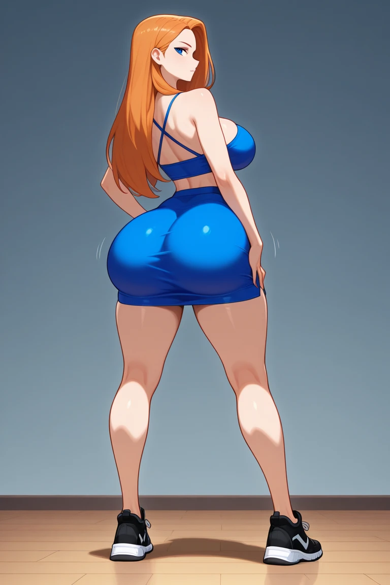 NFSW,adult,hentai,super realistic anatomy,abundant curvy woman, detailed face, Look at the viewer, large eyes, flushed, sensual big lips, asymmetrical shoulder length red hair, very big breasts, big hips, long legs, firms, detailed, defined, blue strappy heels, blue lace half cup bra, red strappy thong, in kneeling position, Profile, accentuate your big butt, sweaty body, background bar, abundant lighting, free, silhouettes in the background of naked women dancing, money on the floor