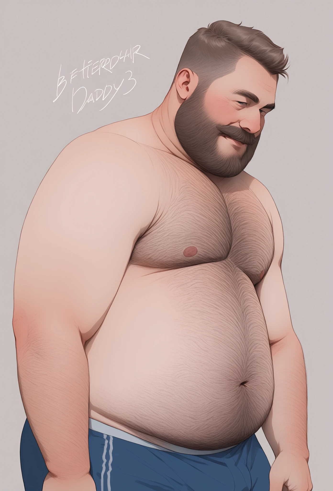 ((Masterpiece)), (best quality) (perfectly drawn belly), adulto , 1 chubby daddy with extremely thick thighs large belly fat wearing only white trunks, male, man, big belly, (vore), 21 years old, prey struggling inside his belly, bulging, femboy, big thighs, sitting on the bed view of the floor