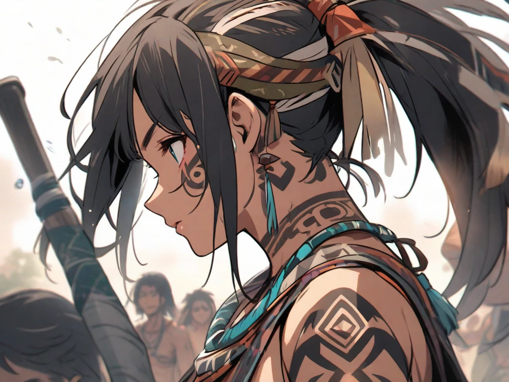 female, rabbit girl, huge black rabbit ears, floppy rabbit ears, very dark skin, black hair, very long straight hair, braided hair, large breasts, tribal clothes, tribal tattoos, thick thighs:0.4, focused, arid jungle forest, hut, black eyes, slightly muscular, bare midriff, cleavage, close up, hunting, mature woman, spear, hurt, bloodied wound, crouched