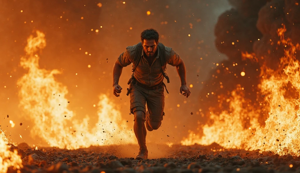 a man running from a disaster, cinematic scene, dramatic lighting, photorealistic, epic, cinematic, high contrast, intense emotions, dynamic pose, detailed facial features, realistic textures, depth of field, volumetric lighting, dramatic atmosphere, cinematic camera angles, (best quality,4k,8k,highres,masterpiece:1.2),ultra-detailed,(realistic,photorealistic,photo-realistic:1.37)