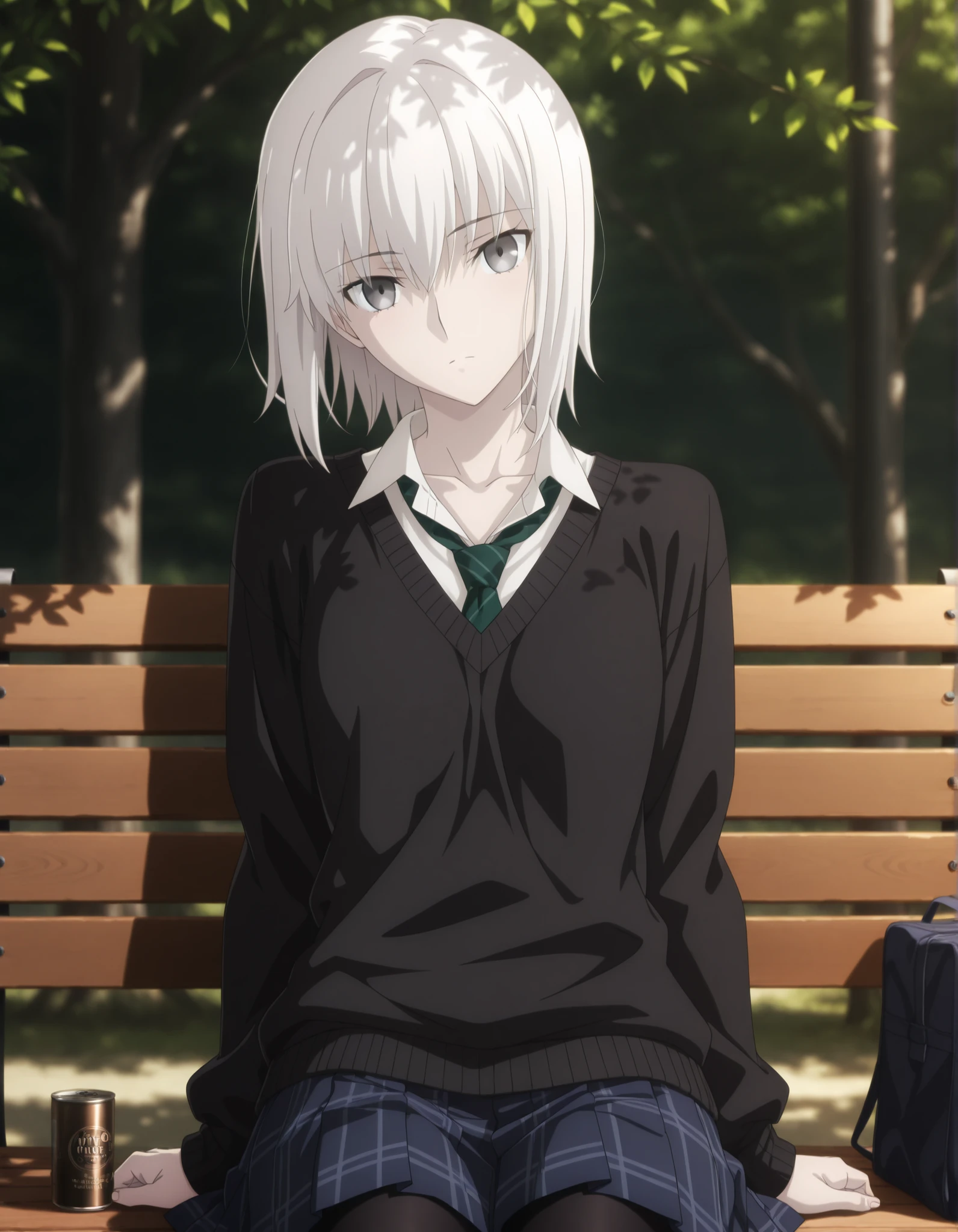 masterpiece, best quality, amazing quality, highres, absurdres, very aesthetic, high resolution, ultra detailed, perfect details, day , outdoors, ufotable style, (dappled sunlight), from , sidelight,
1girl, ufotable style, anime style, (anime coloring:1.5), (anime screencap:1.2) ,(aged up), head tilt, drinking canned coffee,
girl, mature, slim body, slender body, ,Fate Grand Order, fate, Fate Grand Order, medium hair, gray eyes, half eyes closed, white hair, pale skin, , (straight hair, long sidelock),((wolf cut hair)), hair intakes, sitting on bench, bag,
(black sweater, very loose sweater),dark blue skirt, plaid skirt, pleated skirt, black pantyhose, white undershirt, collared undershirt, dark green stripe necktie, collarbone, (small breast), (looking at viewer), expressionless, embarrassed, , ,