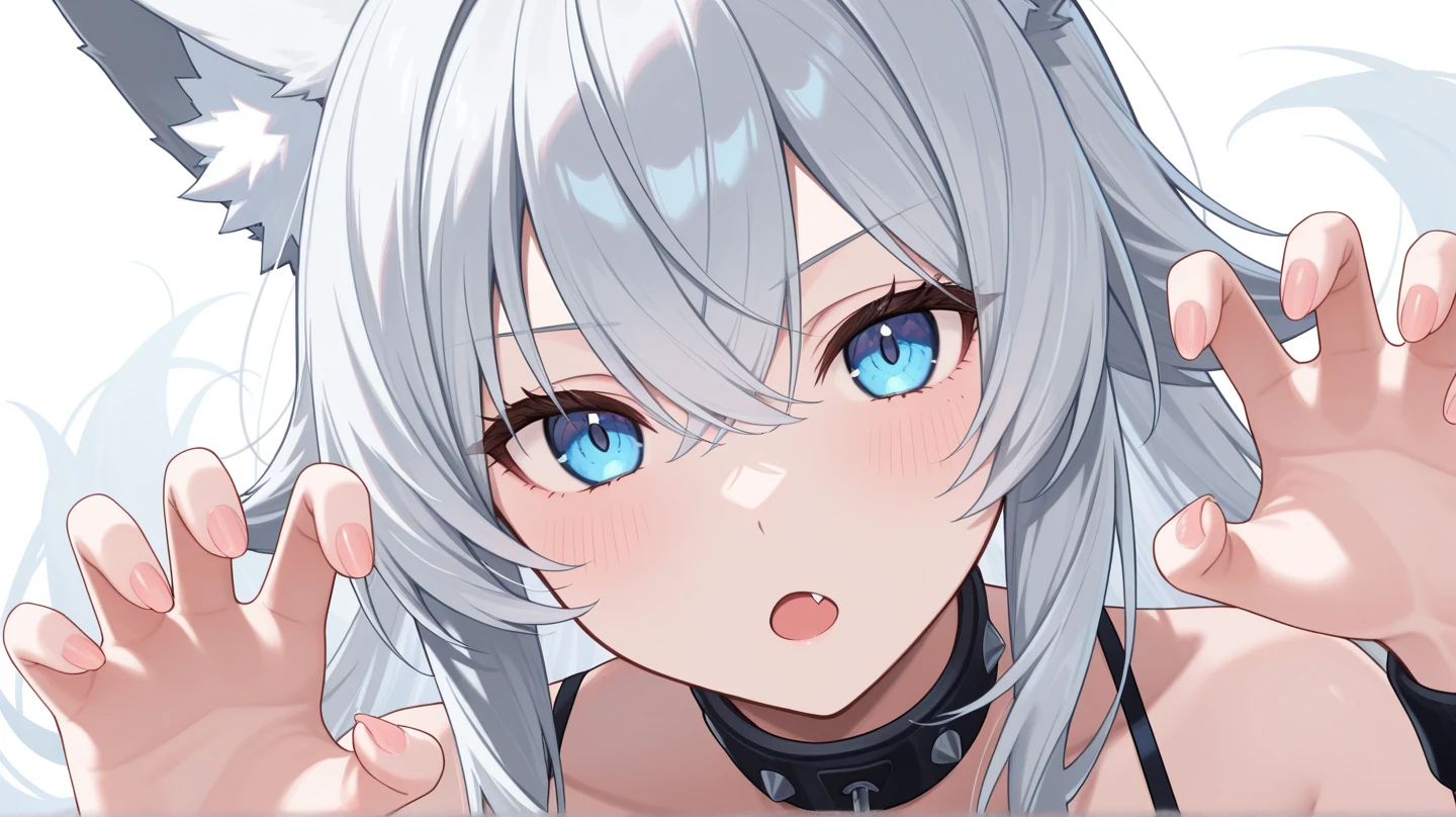 an image of a computer generated image that is posed to look like a cartoon, 1girl, breasts, solo, blue eyes, animal ears, goggles, large breasts, fang, open mouth, grey hair, long hair