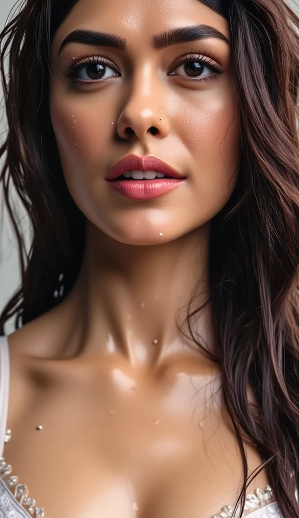 Portraiture, 20 year old brunette german girl, Sexy and attractive expression, Wearing a pink shirt, Messy bun, 8k, highest quality, masterpiece, (Looking into the camera:1.3), photograph, (beautiful), realistic skin, realistic skin texture, big breast, football shape breast,  football size breast, long breast nipples, tight breast, breast that looks like full of milk, fair, bright, sweat on breast, water scrolling from breast, water scrolling from face, cold weather, winters, 