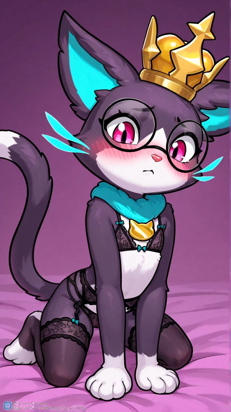 score_9, score_8_up, score_7_up, raymond (animal crossing), grey fur, glasses, heterochromia, blonde hair, cat, furry male, 1boy, solo, maid outfit, low angle view,  under clothes, blush, sweatdrop