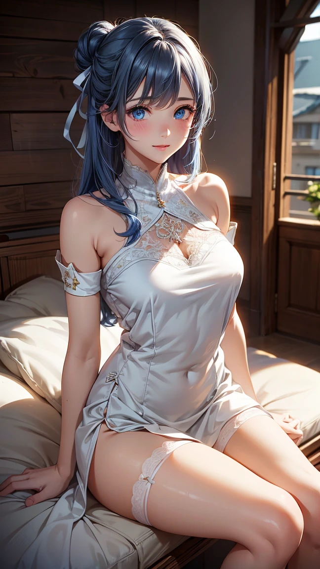 （Enrich the picture，Masterpiece level quality）Beautiful 8K CG artwork，Goddess-like posture，Kneeling exercise，Slim and soft，Translucent skin，Blue hair、The beauty of extra-long hair, Super Long Straight Hair，The skin is fair and juicy，Big breasts lingerie miniskirt uniform，Perspective Part 1.2x enhanced silhouette effect，Exquisite transparent blues pattern in pajamas，The details are intricate and exquisite，The background is slightly blurred，Charming and lustful leg seduction，Drool，Q cup big breasts，Blush，Japan goddess，Perfect body slim curves，Scene by the sea，The shirt is fully open: 1.4, The chest is completely open, Shirts are worn over underwear, (Shirts are worn over underwear: 1.3),