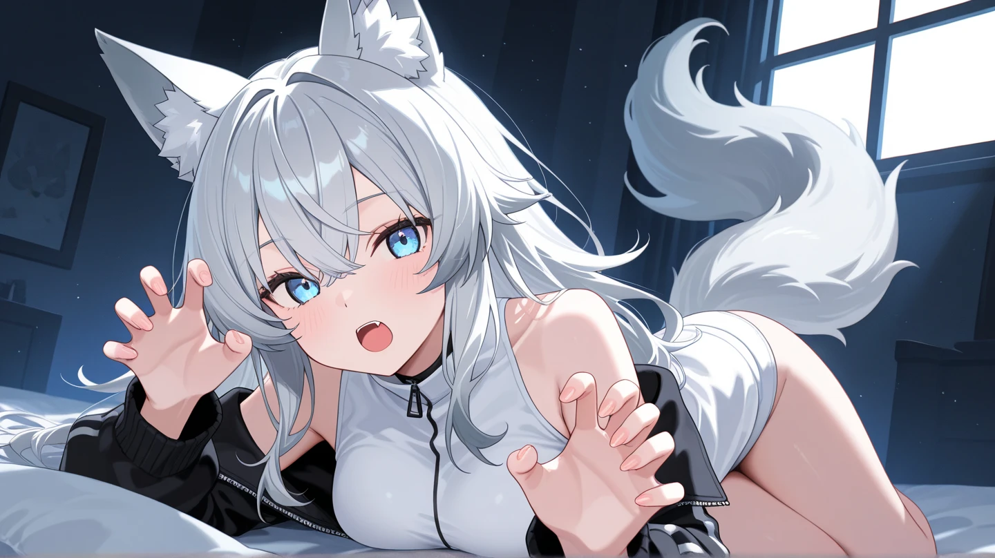 NSFW,masterpiece,Highest quality,High resolution,Super detailed,Snowstorm、Gray Hair、One-sided braid、Ahoge、Earrings、Fox Tail、fubuki_base、White blouse、Sleeveless、Black shorts、Blue neckerchief、Thigh straps、Single knee socks、White Hair、One side braided、Ahoge、Earrings、Fox&#39;s Tail,Embarrassed,Estrus,Lust,blush,Private room,bed