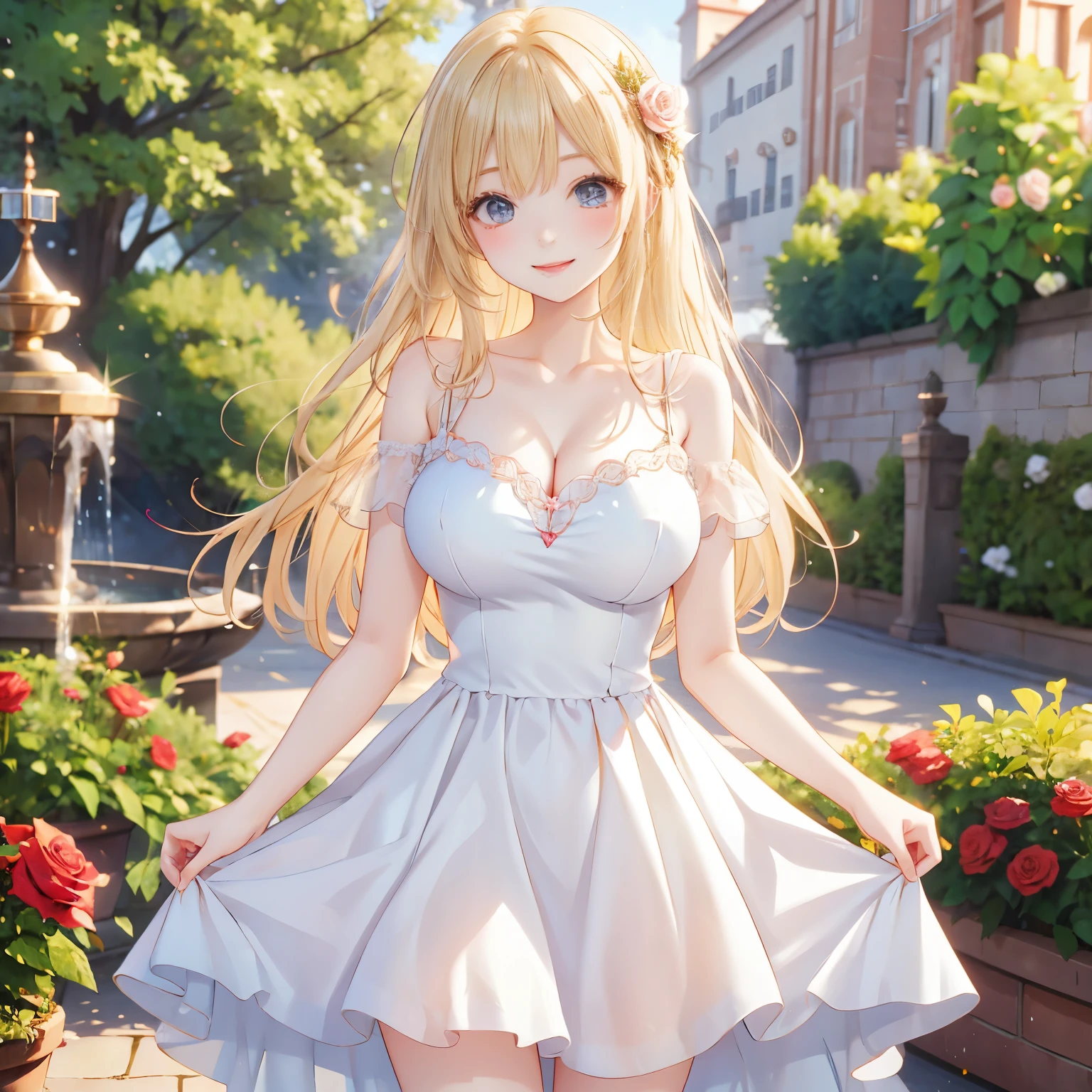The Rose Garden and the Princess, princess dress ,Blonde hair, large breasts,(happy smile, cowboy shot),