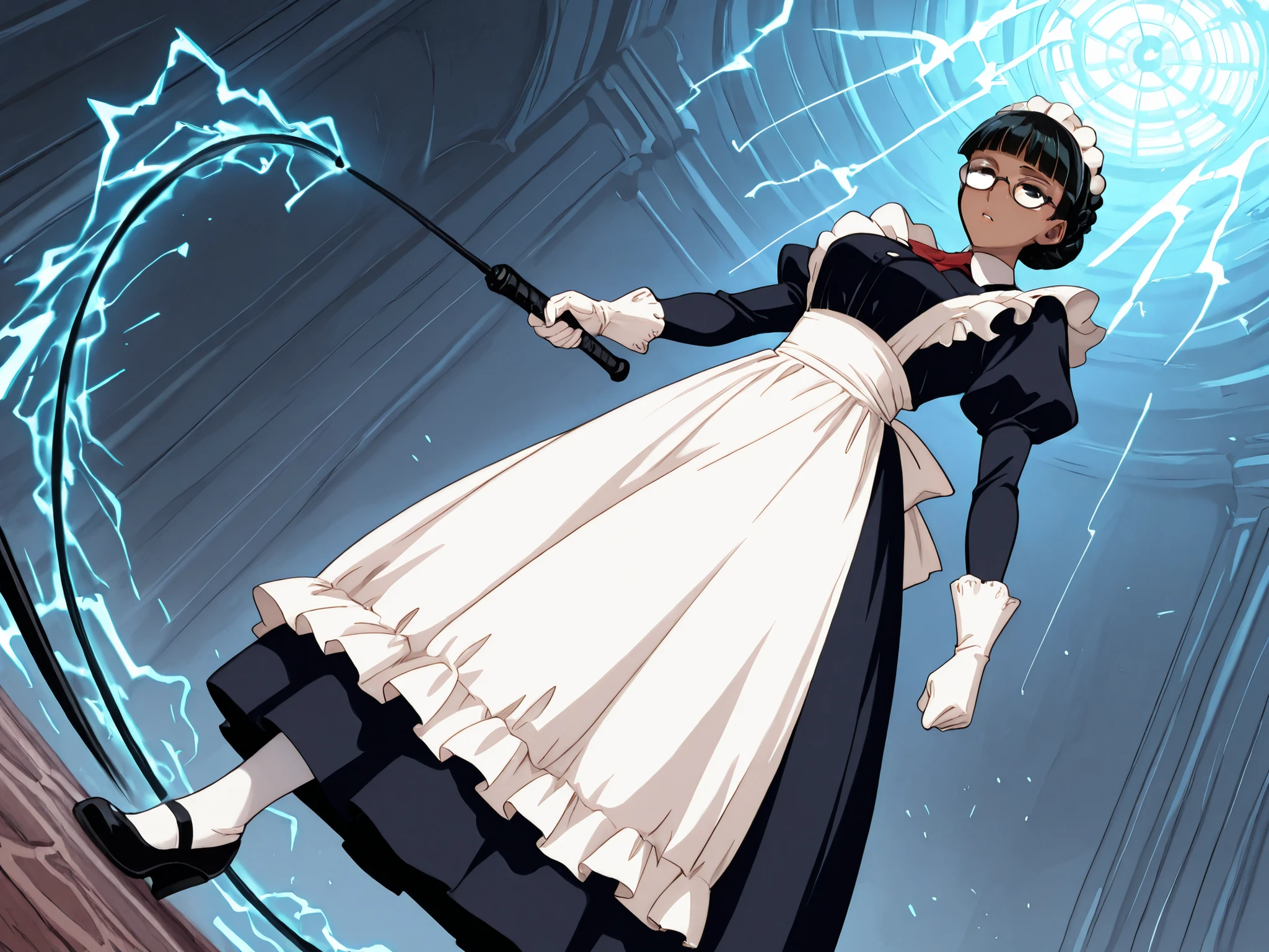 1 girl, solo,beautiful girl,adult,18 years old,black eyes,narrow eyes,black hair,curly hair,crown braid,blunt bangs,masterpiece,general,highres, ultra-detailed,very aesthetic,best quality,best hands,best eyes,perfect anatomy,anime coloring,easynegative,dark skin,BREAK,Victorian Maid,sel-frame glasses,round glasses,elegant gloves,mary Jane shoes,holding,whip,electric mechanical whip,thunder whip,whipping you,electric shock, discharge,battle,action,whole body,full length, low-angle view,