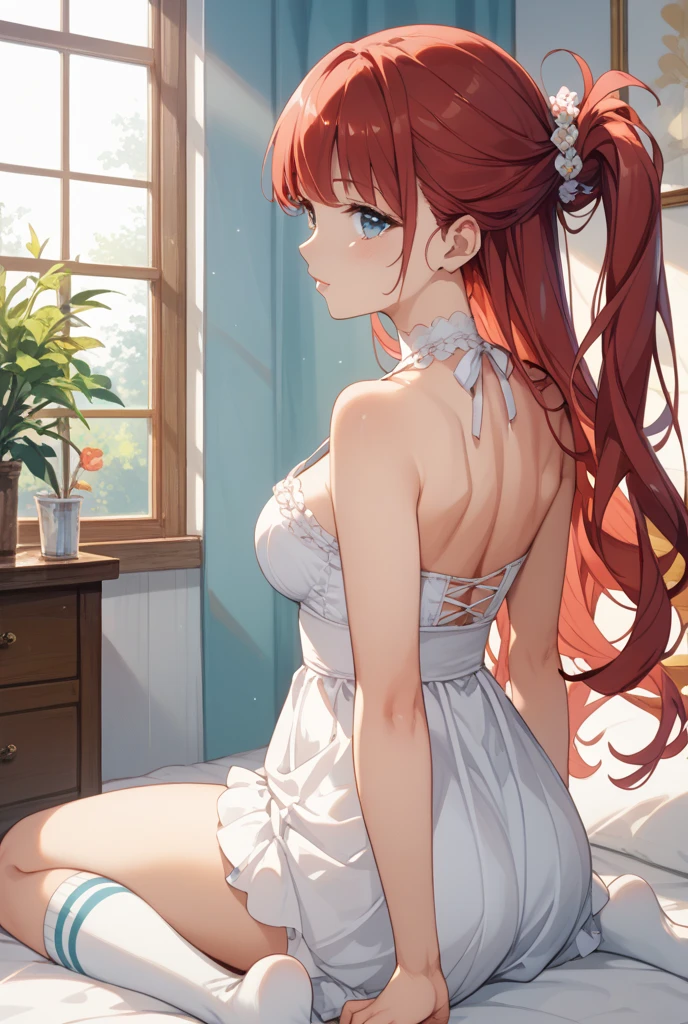 ((best quality)), ((masterpiece)), (detailed), NSFW, small breasts, prominent collarbones, skinny arms, flat stomach, visible hip bones, long hair, red hair, white hair, blonde hair, dark hair, ponytail, thick ponytail, heavy ponytail, NSFW Fluttering lace frilly petticoats, pleated petticoats