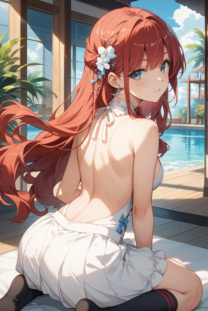 alone, Yuuki Asuna, ((masterpiece)), High resolution,Bright orange hair、Swimsuit、Stick your butt out、look back