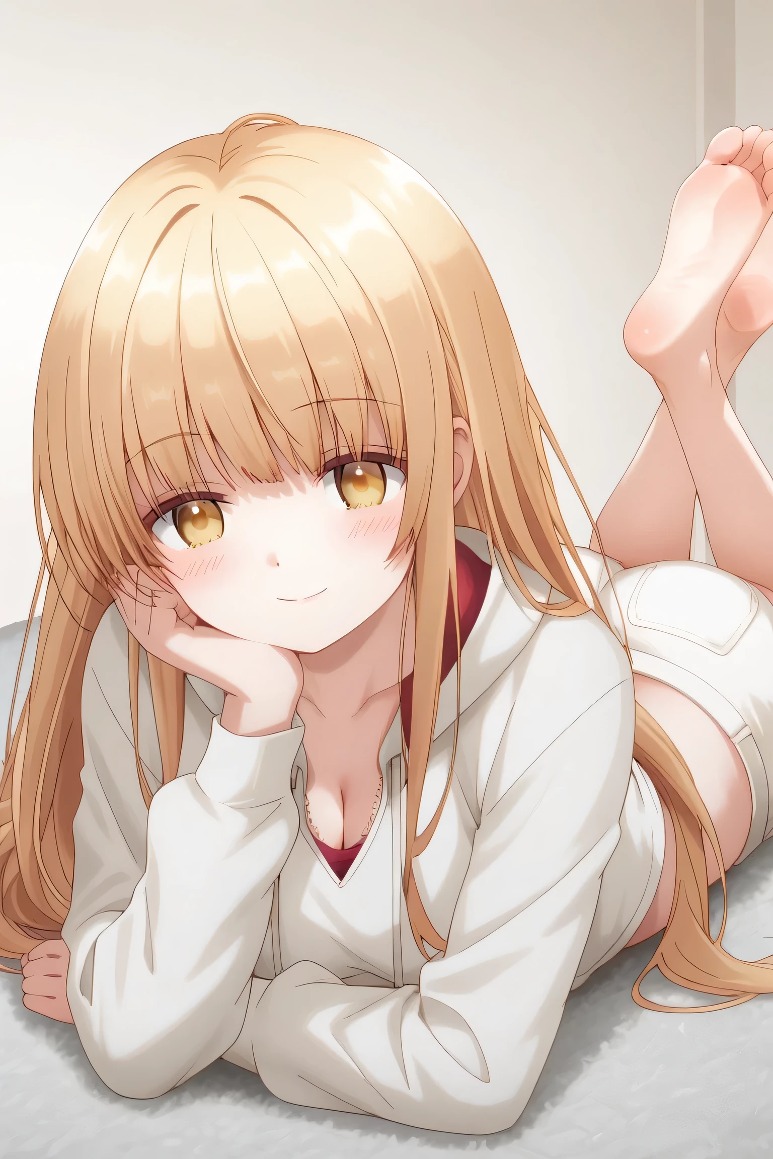 Mahiru Shiina: cropped hoodie, white shorts, the pose, on stomach, feet up, lying, soles, feet, legs up, head rest, barefoot, cleavage, ass, looking at viewer, smile, blush,