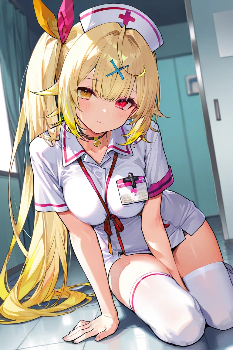 Beautiful blonde woman with white hair and white jacket is depicted in front of colorful and electronic background of Mr./Ms., long hair, thighs, hair above one eye, ???????, 1girl, navel, hair ornament, jacket, nurse cap, skirt, black jacket, smile, ????????????, ?????????