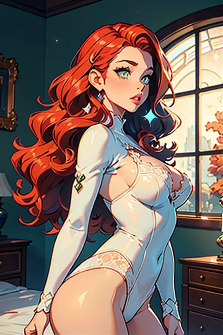 1girl in her room, Futa with a big SEX, Green Eyes, No Panties, Sexy Underwear, Body en dentelle blanc , Lace Bodysuit , Porte Jartelle blanc , White Stokings , White Skin ,(Best quality:1.1), (Masterpiece:1.4), 1fille, (cheveux volumineux)+ , ((curly hair))++, cheveux longs, ++, (((cheveux ROUX , Redhair ))), (Yeux Verts), Long Hair,, Gros Seins, Red Hair , (big lips)+ pouty lips , peau brillante, Brillant, starry night, dans une chambre,, Fioritures,