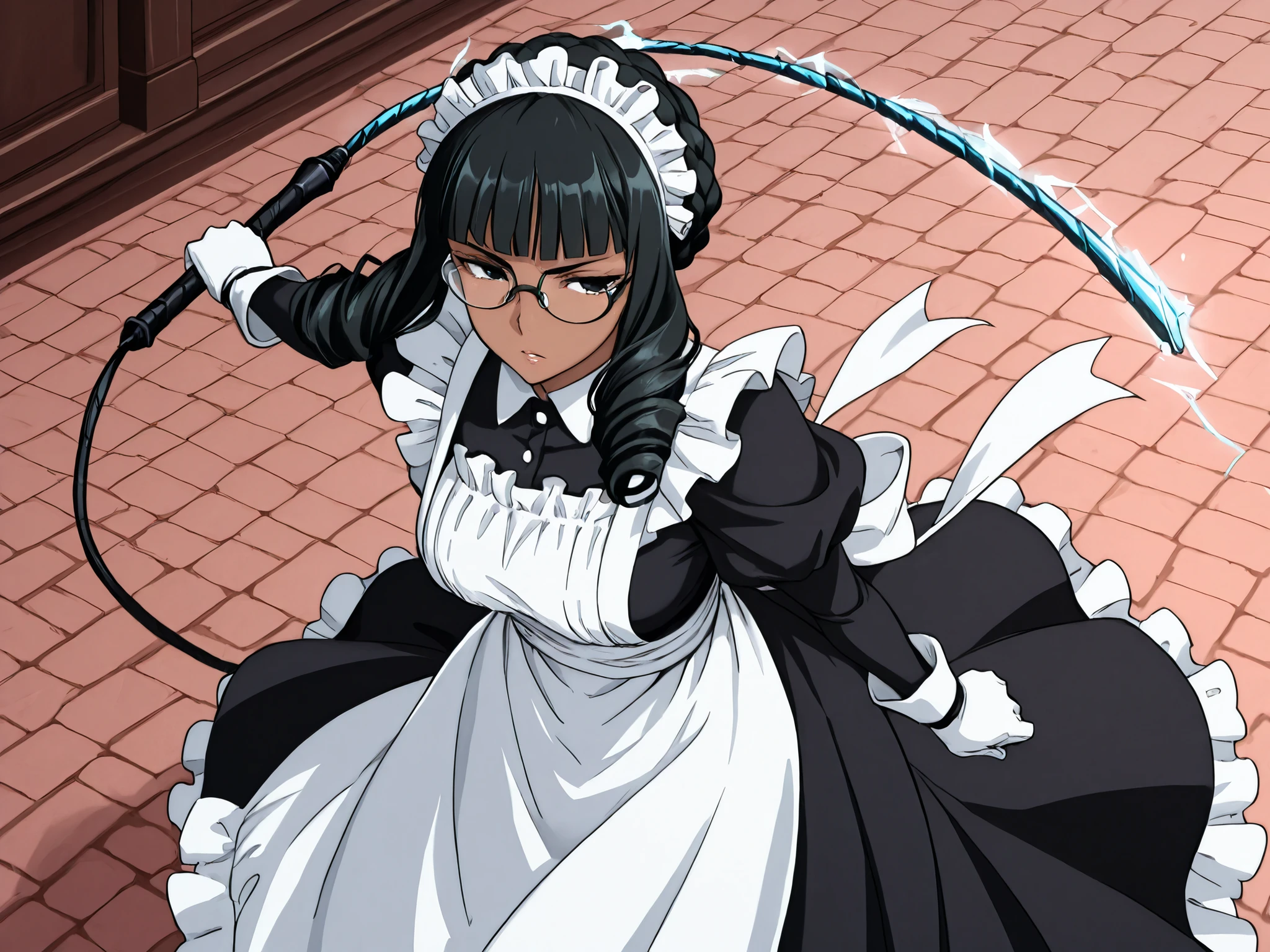 1 girl, solo,beautiful girl,adult,18 years old,black eyes,narrow eyes,black hair,curly hair,crown braid,blunt bangs,masterpiece,general,highres, ultra-detailed,very aesthetic,best quality,best hands,best eyes,perfect anatomy,anime coloring,easynegative,dark skin,BREAK,Victorian Maid,sel-frame glasses,round glasses,elegant gloves,mary Jane shoes,holding,whip,electric mechanical whip,thunder whip,whipping you,electric shock, discharge,battle,action,whole body,full length,