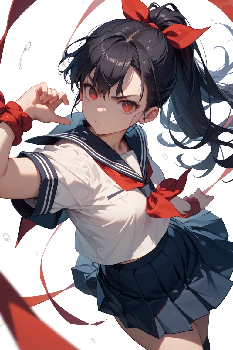Two or more female college students、Black Hair Semi-Long、Tying hair with a red ribbon、wearing a light blue jersey、Looking this way and smiling、