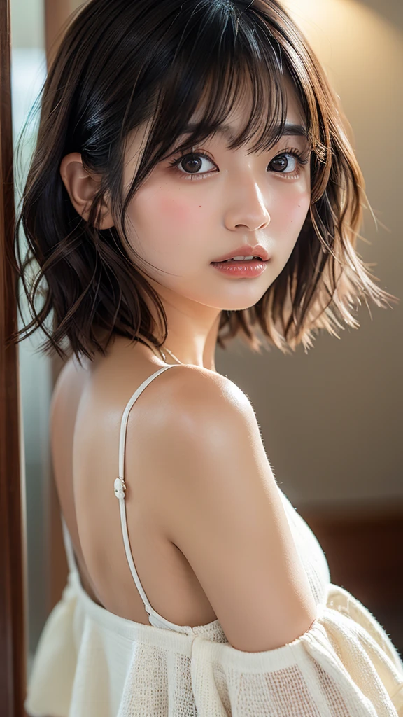 (Bob Cut Hair:1.2),(Wearing a backless dress:1.8),1 person,Japanese,21 years old,(Small breasts:1.3),(Highest quality,masterpiece:1.3,Ultra-high resolution,),(Very detailedな,Caustics),(Realistic:1.4,RAW shooting,)Ultra-Realistic Capture,Very detailed,High resolution 16K human skin closeup。 Natural skin texture、,pores、、It needs to be detailed enough to be easily identifiable。 Skin tone is even and healthy looking。 Use natural light and color, Happy expression, Looking into the camera, Perfect dynamic composition, indoor、Cleavage、freckles、excited、I can even see the crack of her ass、Raise your hands、Beautiful shoulder blade、Leaning against a wall、blush、slouch