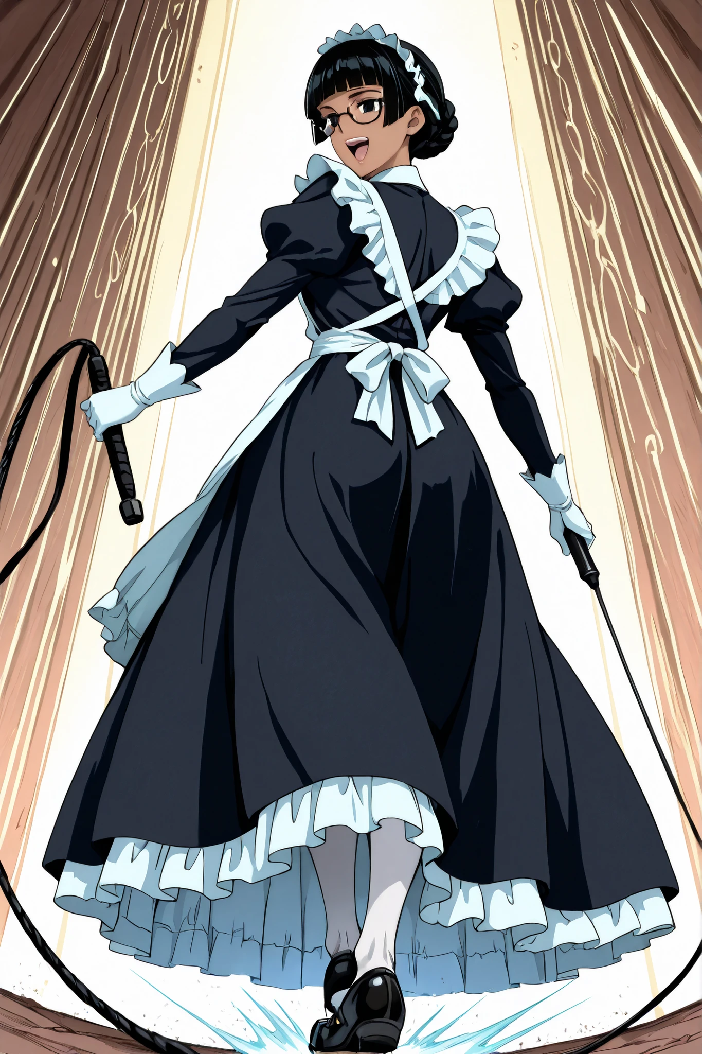 1 girl, solo,beautiful girl,adult,18 years old,black eyes,narrow eyes,black hair,curly hair,crown braid,blunt bangs,masterpiece,general,highres, ultra-detailed,very aesthetic,best quality,best hands,best eyes,perfect anatomy,anime coloring,easynegative,dark skin,BREAK,Victorian Maid,sel-frame glasses,round glasses,elegant gloves,mary Jane shoes,holding,whip,BREAK,electric mechanical thunder whip,whipping you,(((electric shock))),(((discharge))),battle,action,whole body,full length, low-angle view,contempt,false smile,stepped on, from back,open mouth