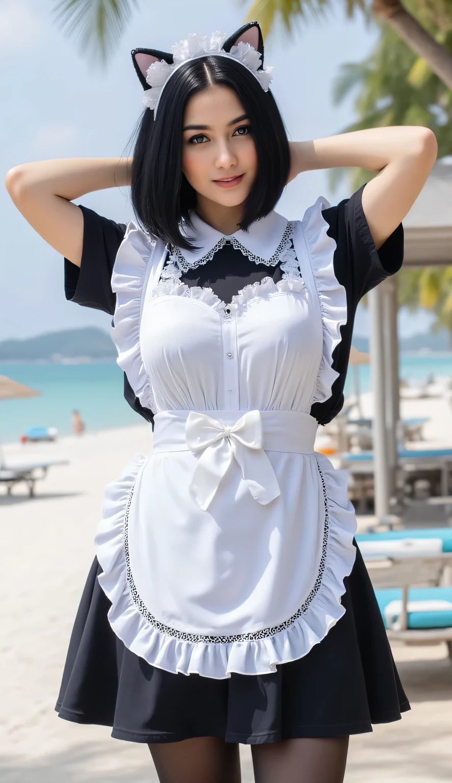 squished breasts,crushed breasts,giant breasts,skindentation,squished breasts,crushed breasts,giant breasts,skindentation,(Close-up from the waist up) , image shows a young, slender Japanese woman with (((( super huge , beautiful , oversized breasts )))). She is standing by the resthouse of beach side , She s old.
She wears (( black and white Sexy Maid costume , too small to fit her huge breasts)) , ((brack skirt, black pantyhose ,garter belt)) ,( pink nipples, small areola , no underhair , beautiful pussy ). Her expression is gentle, she faces forward and smiles happily , (( place her arms behind her head)),(( Cat Ear Head Band )). ultra-high resolution, large file size,oil glowing skin,white skin, perfect anatomy, beautiful hair,photorealistic, 1girl, solo, Not pregnant,highly detailed hair, (black hair, bob-cut hair) .0.3
