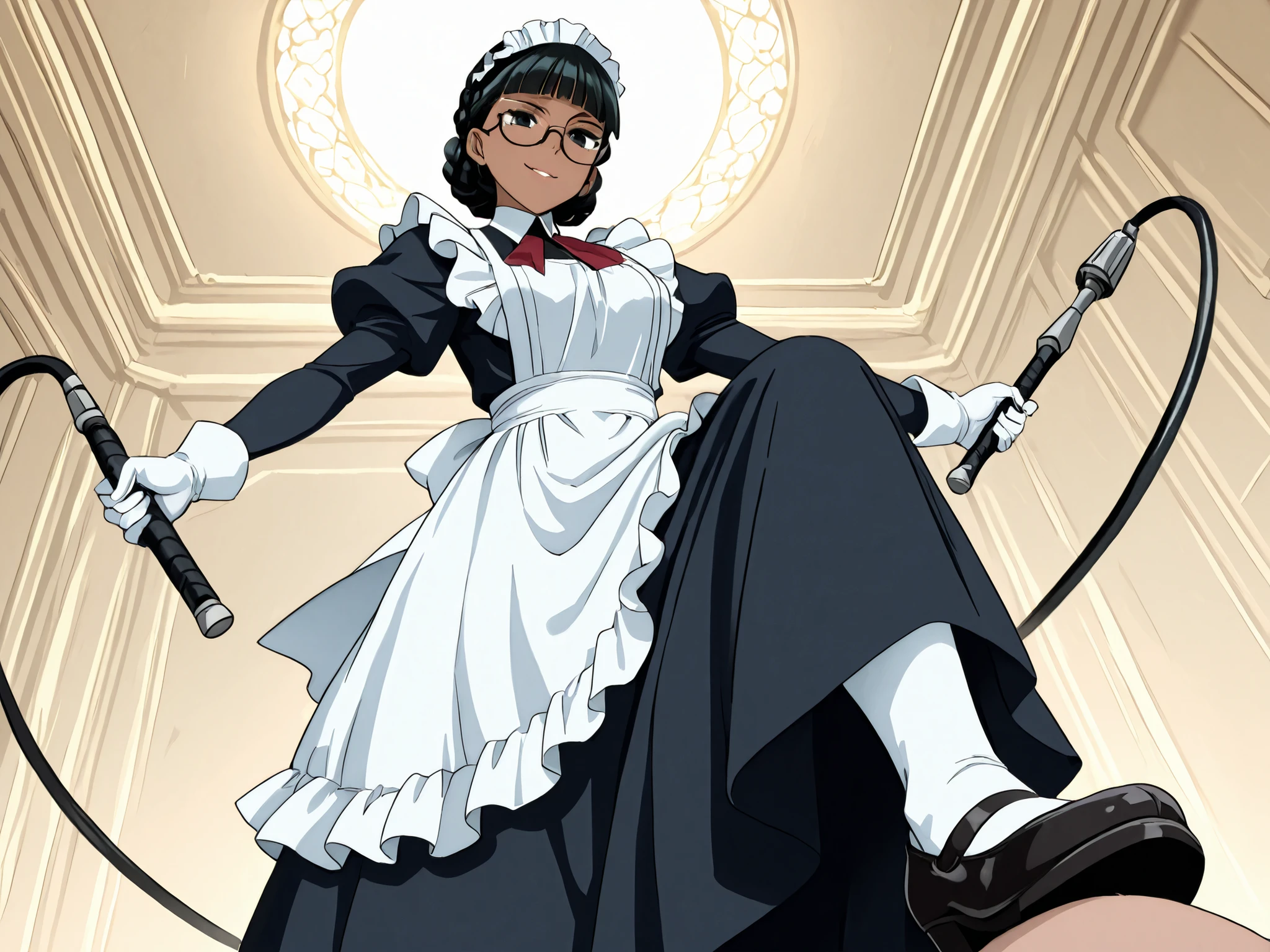 1 girl, solo,beautiful girl,adult,18 years old,black eyes,narrow eyes,black hair,curly hair,crown braid,blunt bangs,masterpiece,general,highres, ultra-detailed,very aesthetic,best quality,best hands,best eyes,perfect anatomy,anime coloring,easynegative,dark skin,BREAK,Victorian Maid,sel-frame glasses,round glasses,elegant gloves,mary Jane shoes,holding,whip,electric mechanical whip,whipping you,electric shock, discharge,battle,action,whole body,full length, low-angle view,contempt,false smile,stepped on,