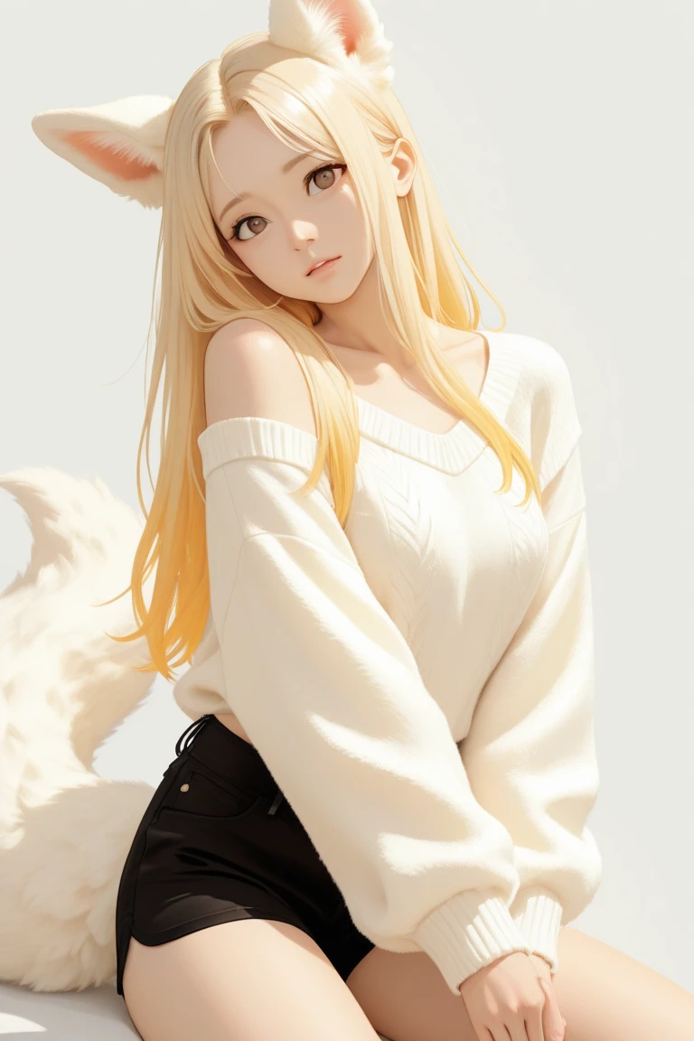 sfw,fox girl,big tail,fox ears,fox tail,kawaii,1girl,golden eyes,golden hair,beautiful,single tail,little girl,highly detailed,fluffy tail,knee high socks,pure white background,grey and white gradient sweatshirt
<lora:Dream:0.7>
