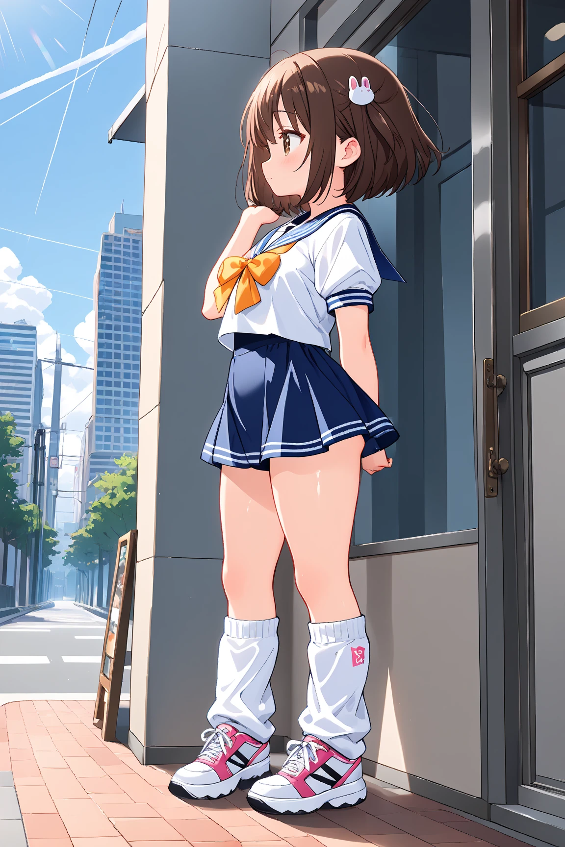 masterpiece, best quality, brown hair, twintails, 10yo, (petite),
seductive smile, standing, sailor uniform, clothes lift, bare small breasts, nipples, (street),