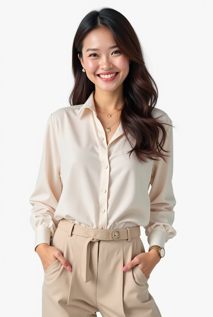 RAW Photo, DSLR BREAK (kkw-ph1:0.9) BREAK portrait of 1 young 20yo woman, brown hair, wearing a business suit, with a business suit on, in a strict suit, wearing white polo beneath, wearing stud pearl earrings, perfect eyes, perfect lips, perfect nose, professional color graded, wonderful woman, dark background, filipina, pinay, filipino woman, smiling