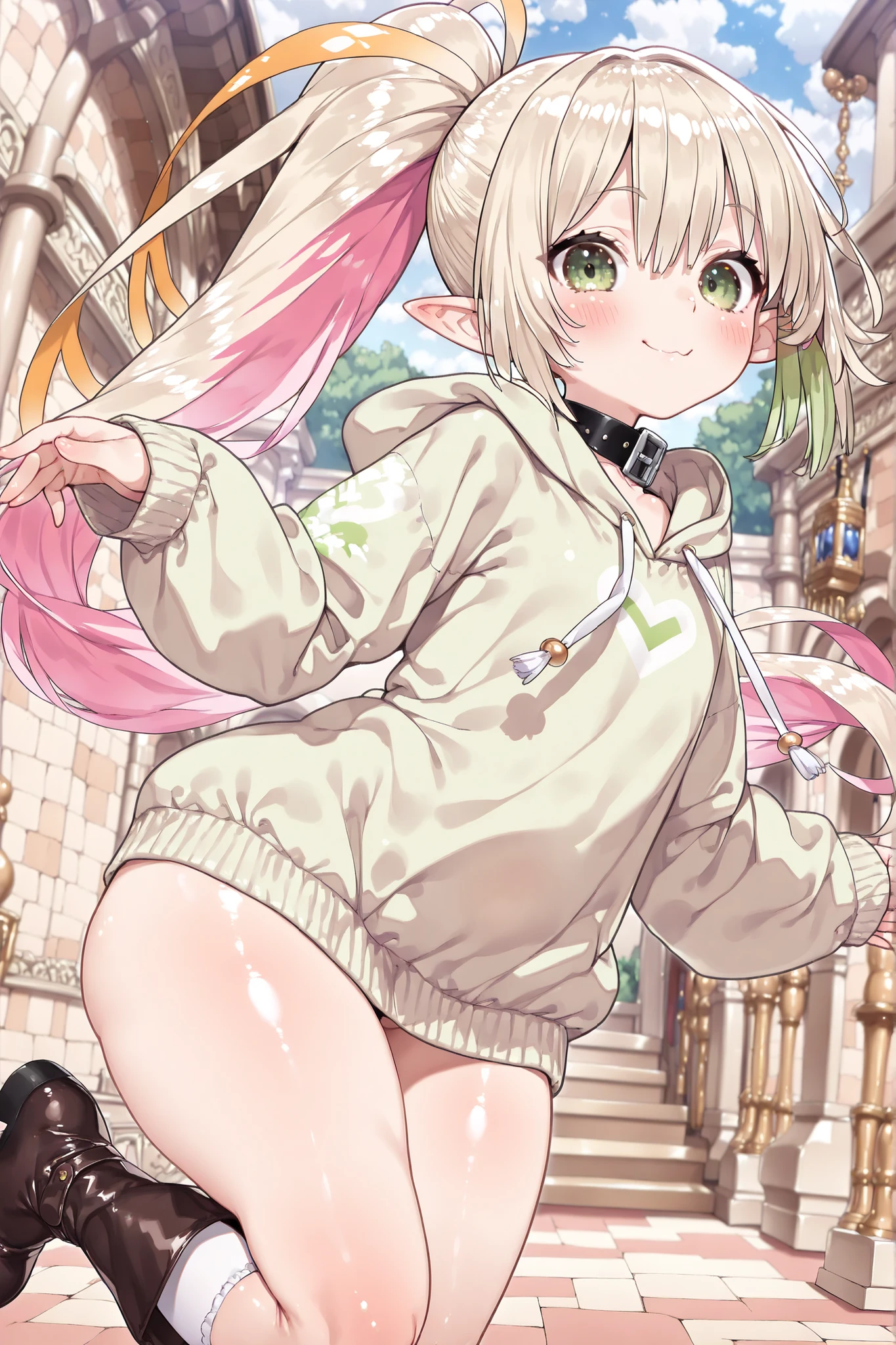 top quality、high resolution、masterpiece、one elf、yellow-green eyes、Saggy Eyes、((light blonde with pink inner color and long green gradation hair))、One Ponytail、(((very big thighs)))、Smile Yan、gentle face、standing、light yellow green long hoodie、hoodie with light pink heart logo、white ruffle socks、I don't wear pants、cute black collar、Black Boots、fluffy、1 person、flat chest、Egyptian dungeon background、cute pose、beautiful eyes、Beautiful skin、pretty face、super cute