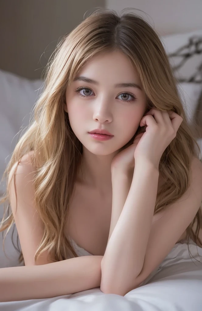 ((1 european girl)), (tween model, , young)), blond long hair, ethereal beautiful, sexy, seductive nervous smile, thin body, flat chest , exposed chest,
nackt, soft light, lay in bed, full body view, close up picture, masterpiece, best quality, photo-realistic, 8k, high resolution, detailed skin, 8k uhd, dslr, soft lighting, high quality, film grain, wearing pink lace bikini.