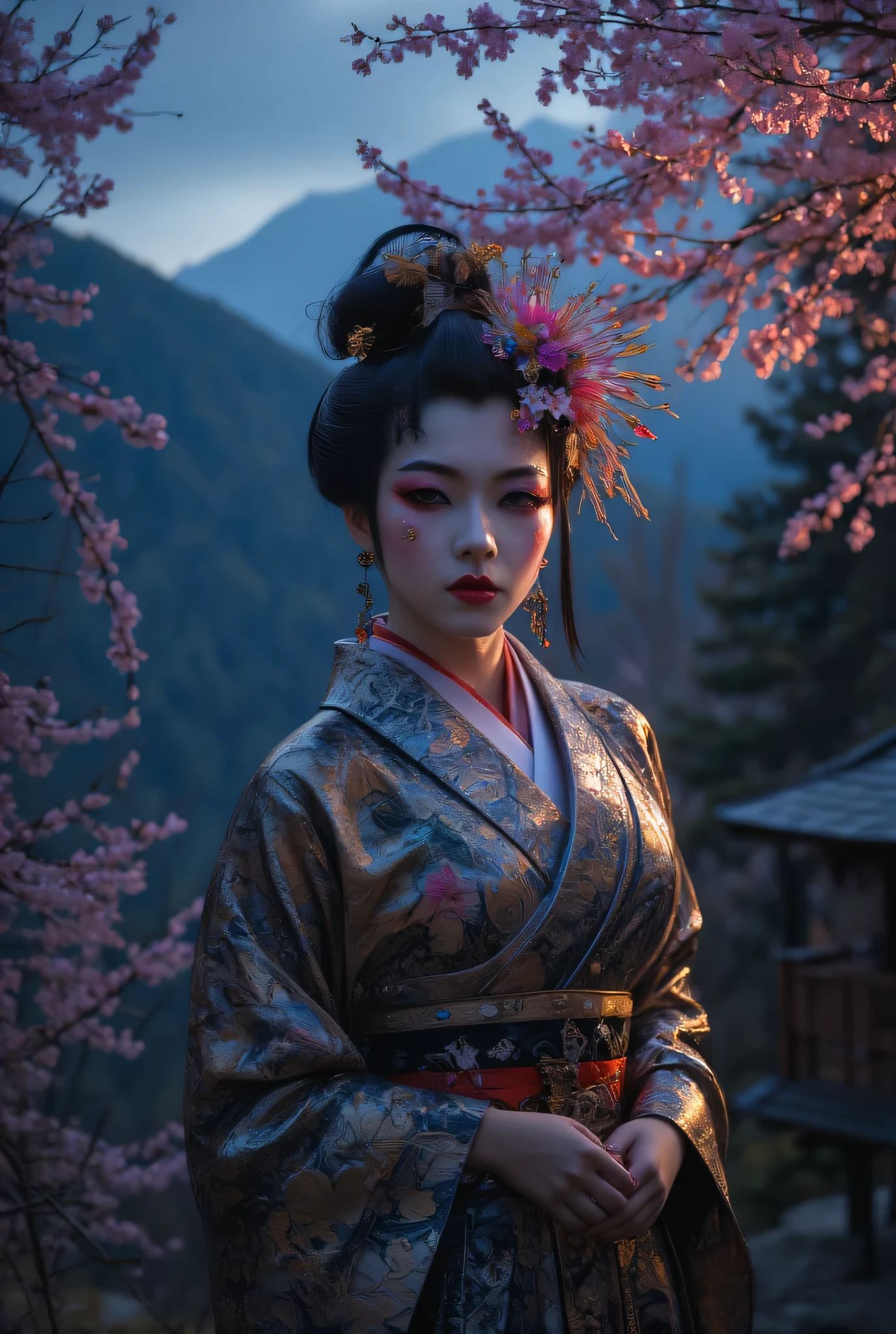 Asian Geisha Girl, beautiful face, Kimono, perfect breasts, cleavage, perfect body, Japanese forest, cherry blossom, nighttime, foggy, Japanese mountains background, sexy, seductive, high detail, masterpiece.