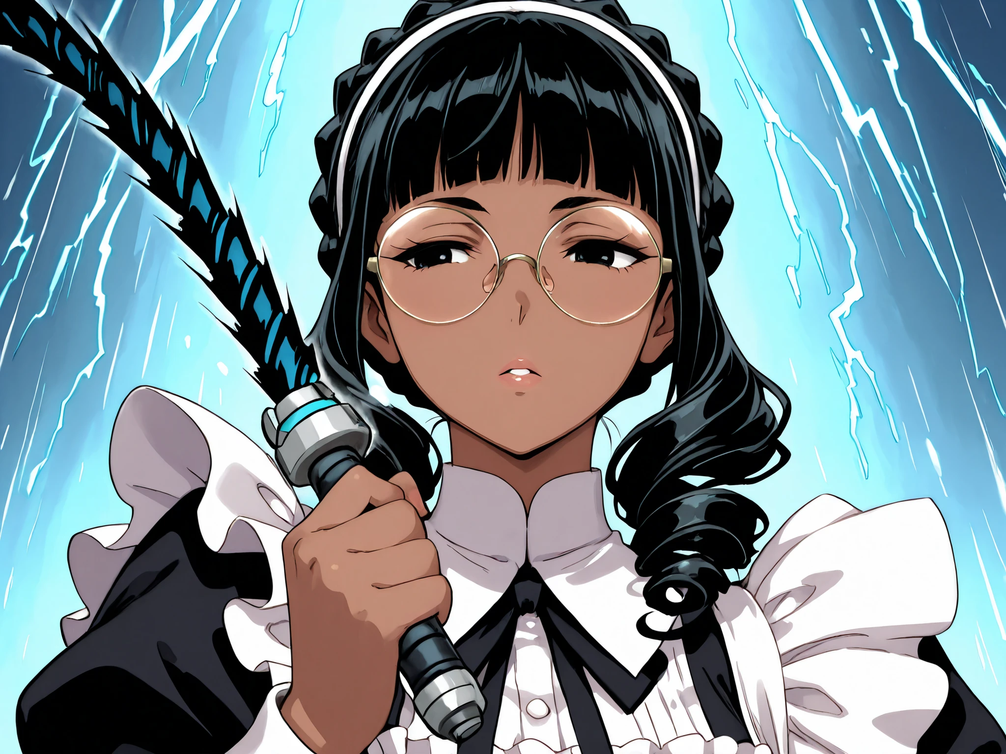 1 girl and robot, solo,beautiful girl,adult,18 years old,black eyes,narrow eyes,black hair,masterpiece,general,highres, ultra-detailed,very aesthetic,best quality,best hands,best eyes,perfect anatomy,anime coloring,easynegative,dark skin,BREAK,Victorian Maid,sel-frame glasses,round glasses,curly hair,crown braid,blunt bangs,holding,whip,electric mechanical whip,thunder whip,whipping you,electric shock, discharge,battle,action,