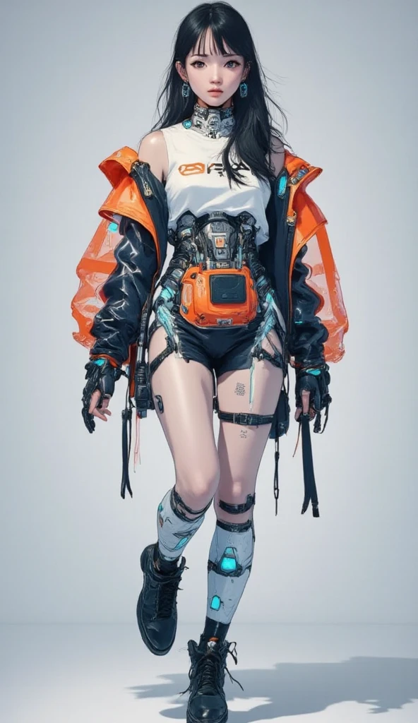 asymmetrical 3D rendering, chrome flying around, a half body shot of a sexy girl, Chaos And Order